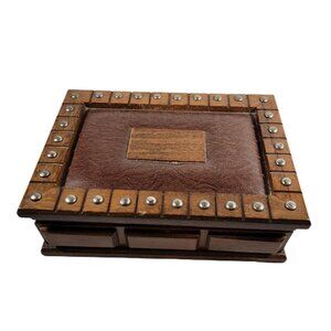 London Leather Japan Wood Brass Rivet Vintage Jewelry Hinged Box chest